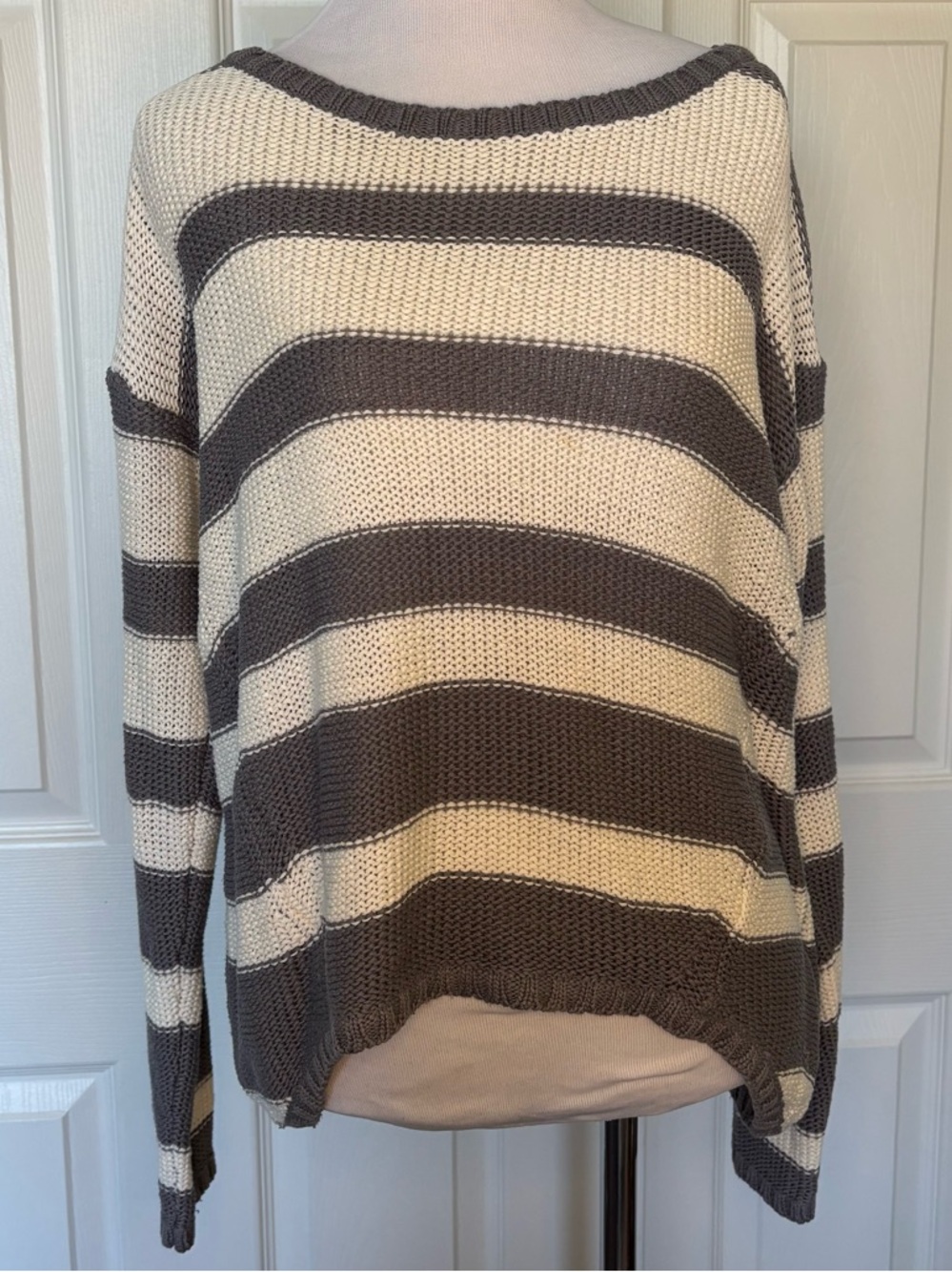 Quinn Cream and Gray Striped Boatneck Sweater
